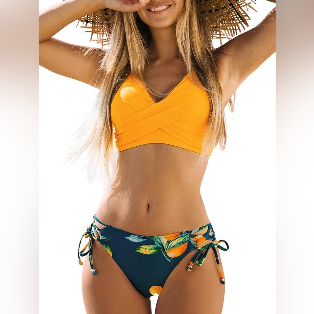 Cupshe Women's Yellow Bikini Swimsuit Front Cross Lace Up Two Piece Set Size S